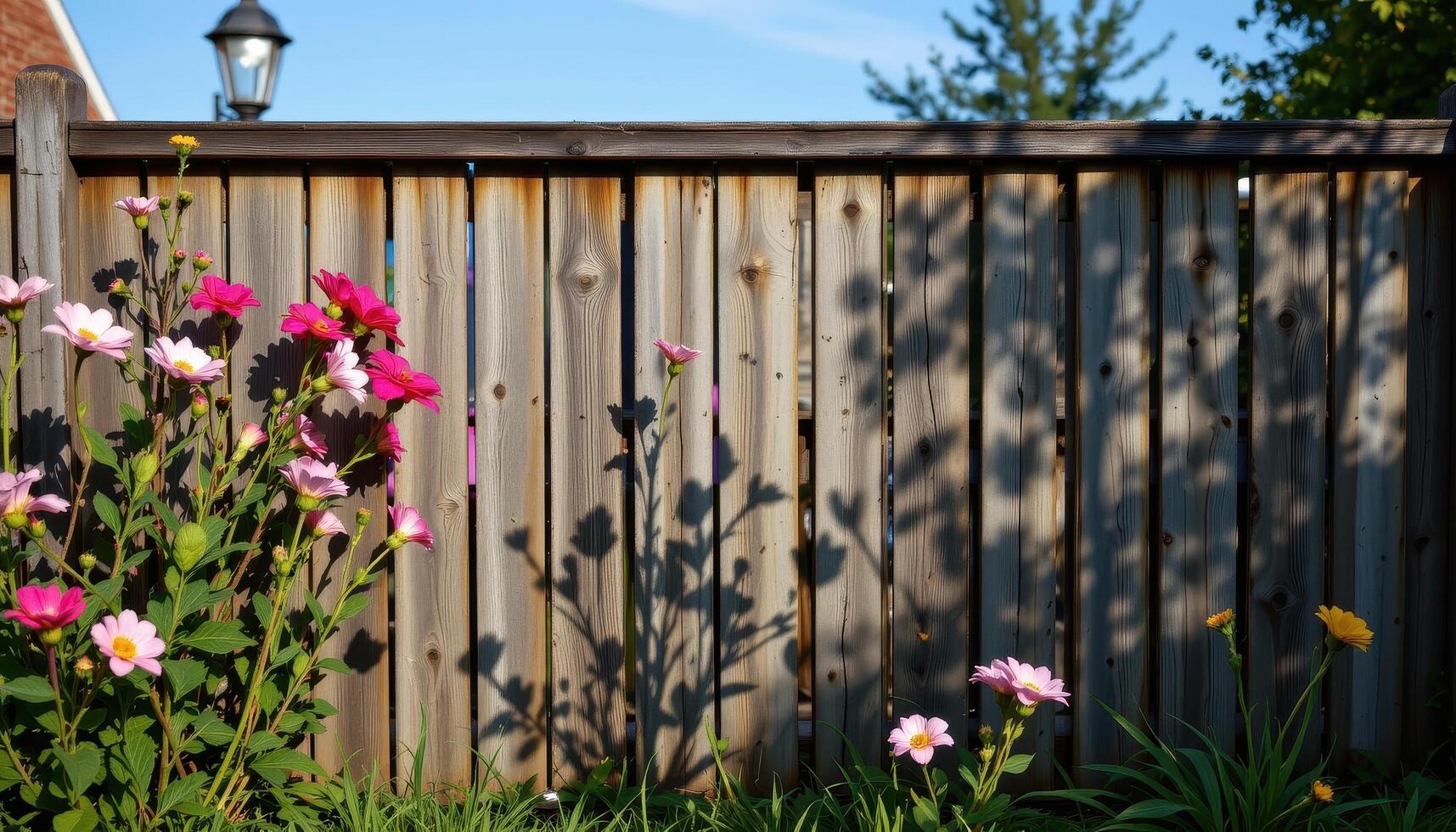 Shadows of swaying flowers dance across the fence, creating mesmerizing patterns for those who stop and watch. photo