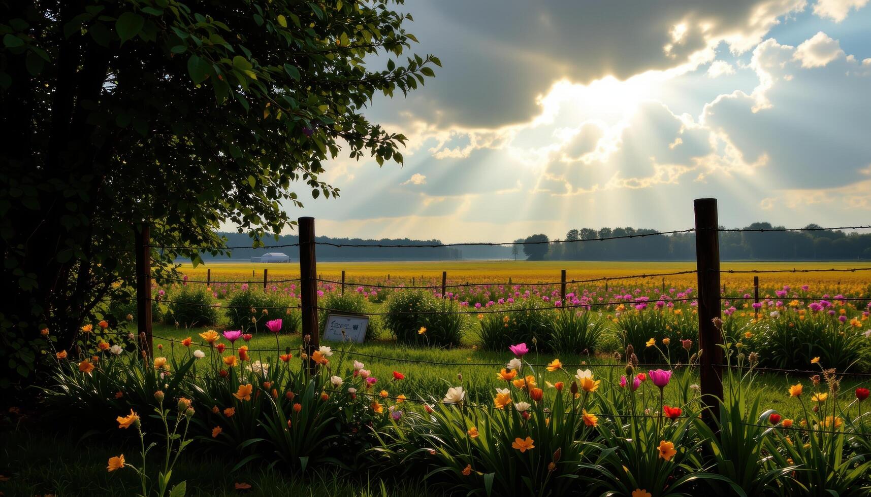 Sunlight filters through clouds, highlighting patches of the flower field visible beyond the fence in a natural spotlight. photo