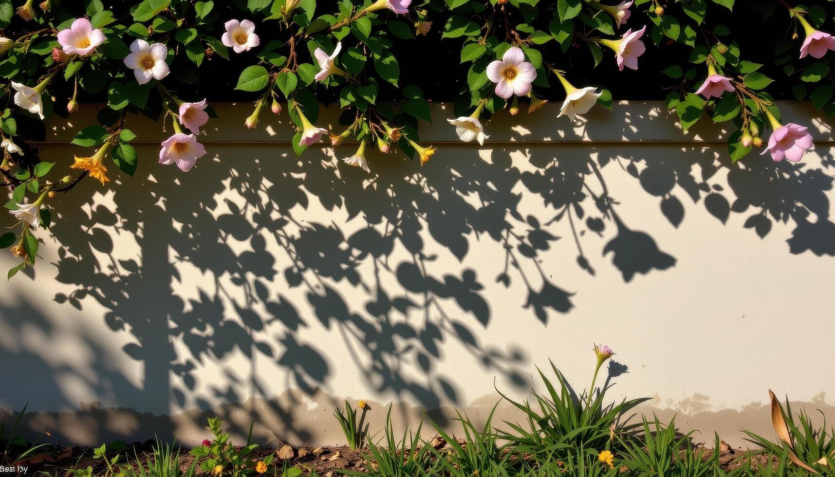 Shadows of swaying flowers dance across the fence, creating intricate patterns that mesmerize passersby. photo