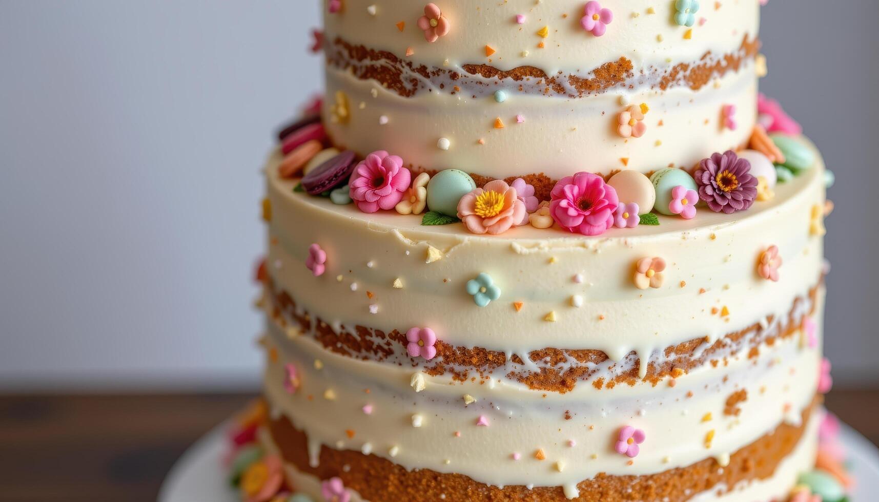 A multi tiered cake with soft frosting, decorated with tiny sugar flowers and macarons scattered along each layer. photo