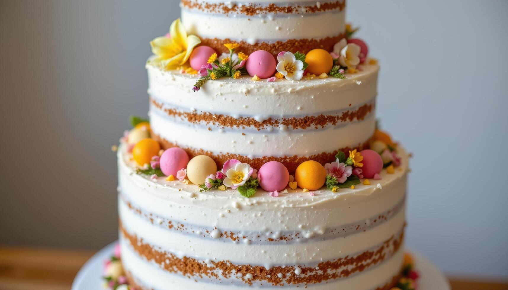 A multi tiered cake with soft cream frosting, tiny edible flowers, and macarons arranged along the edges of each layer. photo