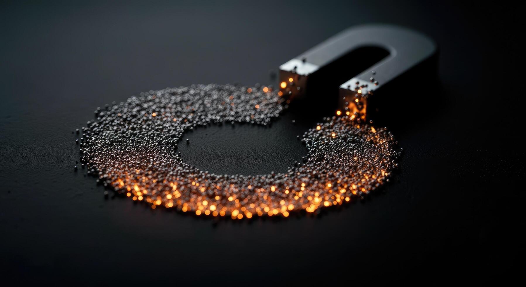 Magnetic U-shaped object attracting metallic particles on dark surface with glowing effect photo