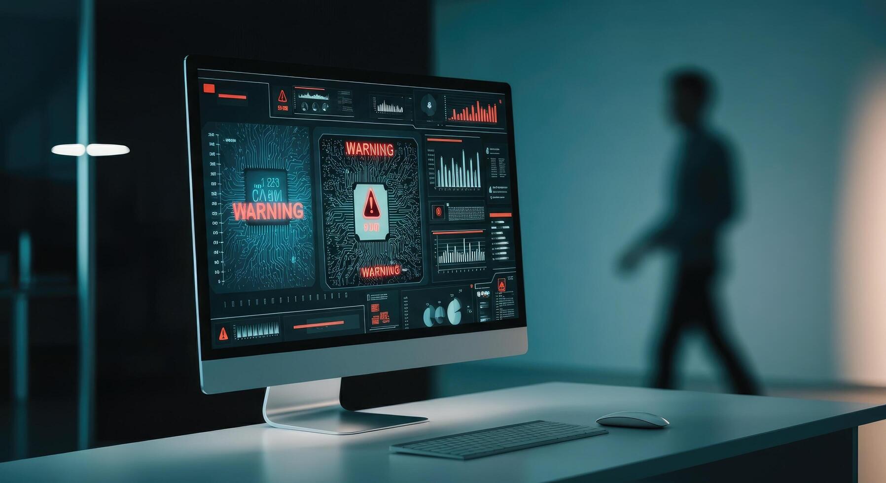 Dark room with computer screen displaying warnings, and figure in background photo