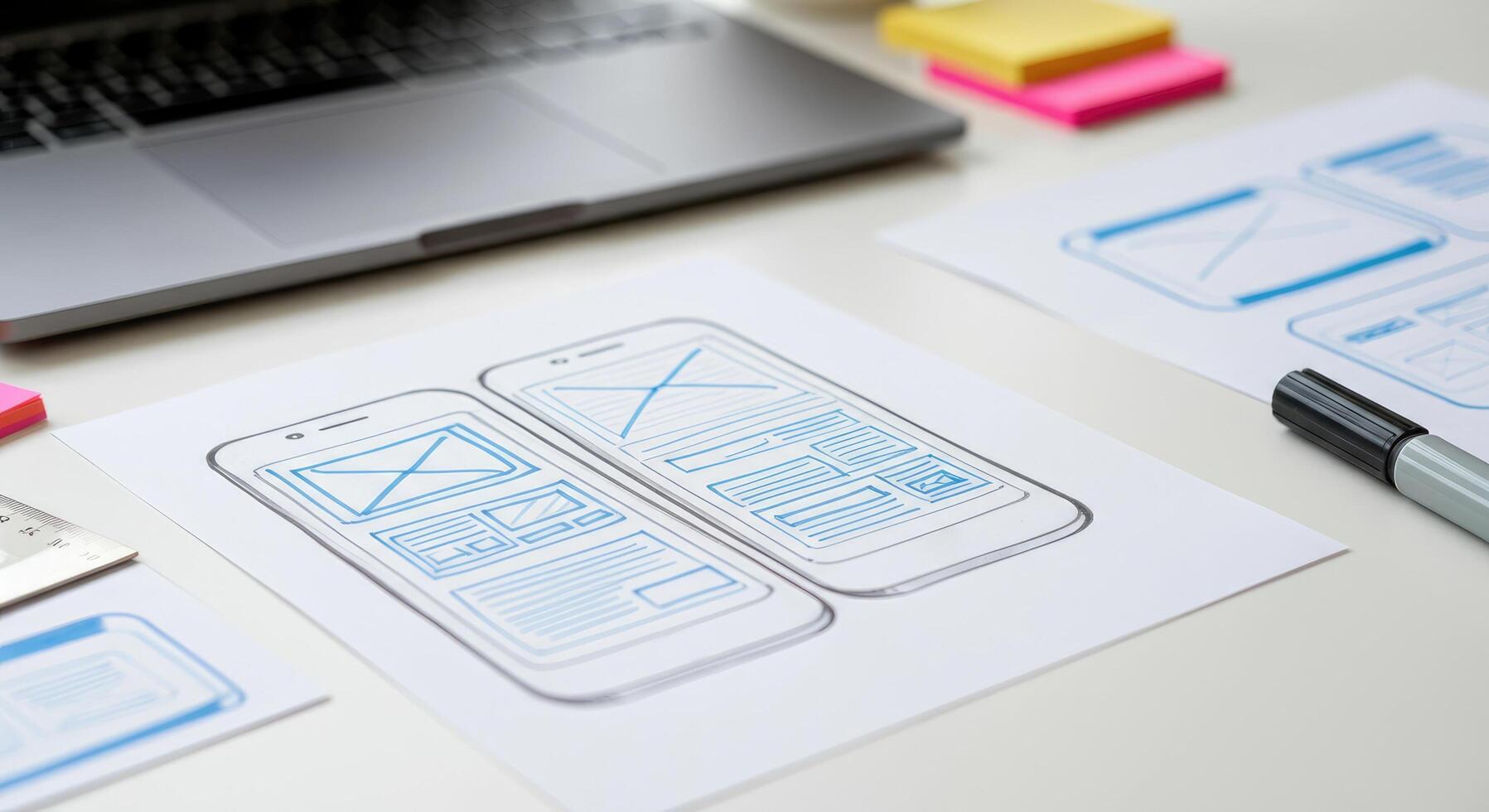 Sketched mobile app interface layout on paper, desk setup photo