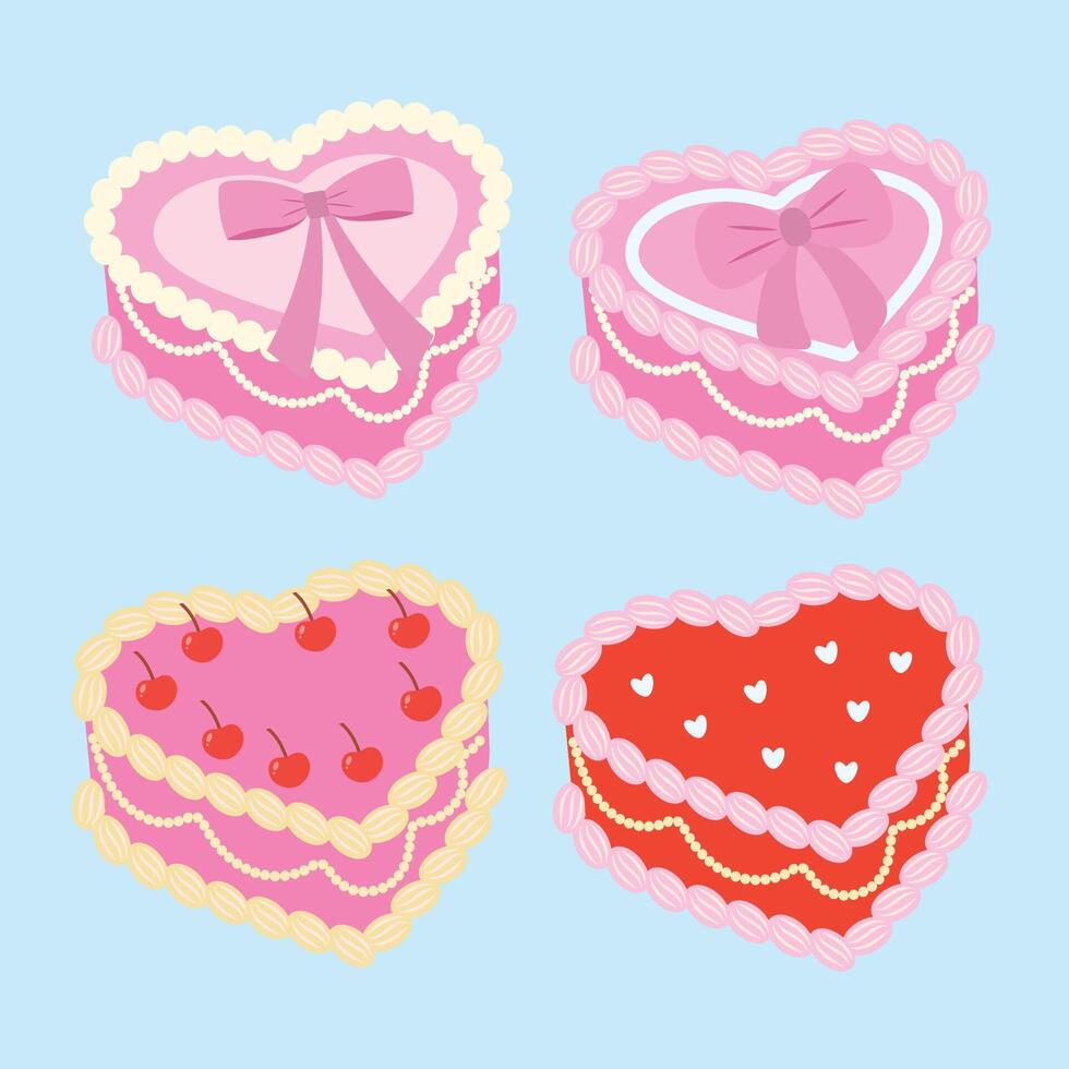Four different types of cakes in the shape of hearts vector
