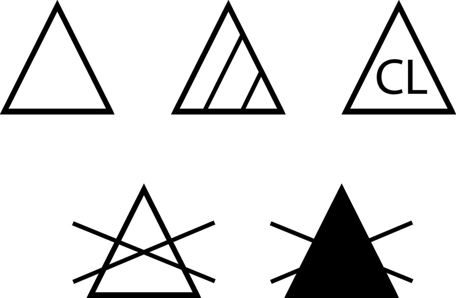 Bleaching marking. Triangle. A set of symbols used on clothing labels to indicate permitted or prohibited bleaching methods. Information on the garment label. Warning symbol. Labeling. vector