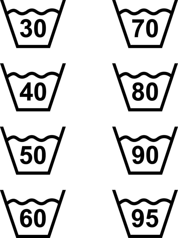 Washing temperature settings. Clothing marking. Warning symbol. Information about safe washing temperatures on the clothing label. A set of labels with numerical values for washing modes. vector