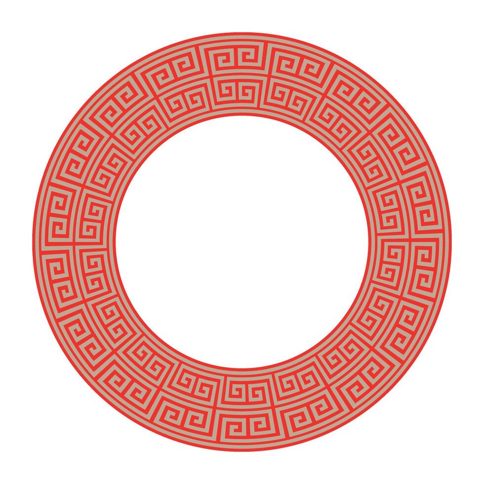 Chinese round frame on white background. Decorative circular frame featuring the Greek key meander pattern in bright red. Round frame with greek pattern. vector