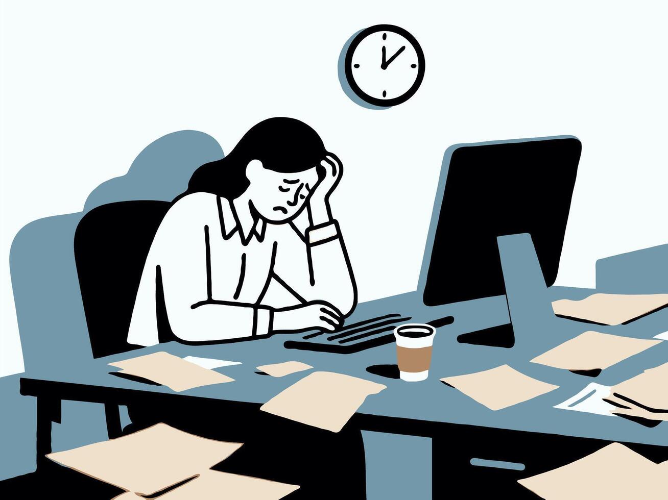 Woman looking stressed at cluttered desk with computer and papers in minimal flat style, white background, concept of overwork and burnout vector