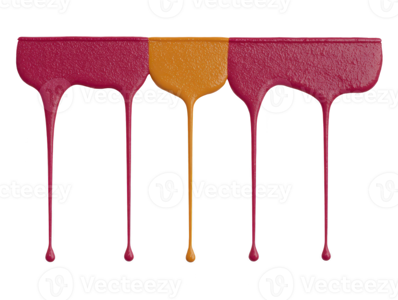 Red paint and yellow paint dripping from flat surface, isolated on transparent background, creating creative and artistic abstract pattern with glossy texture and vibrant color contrast png