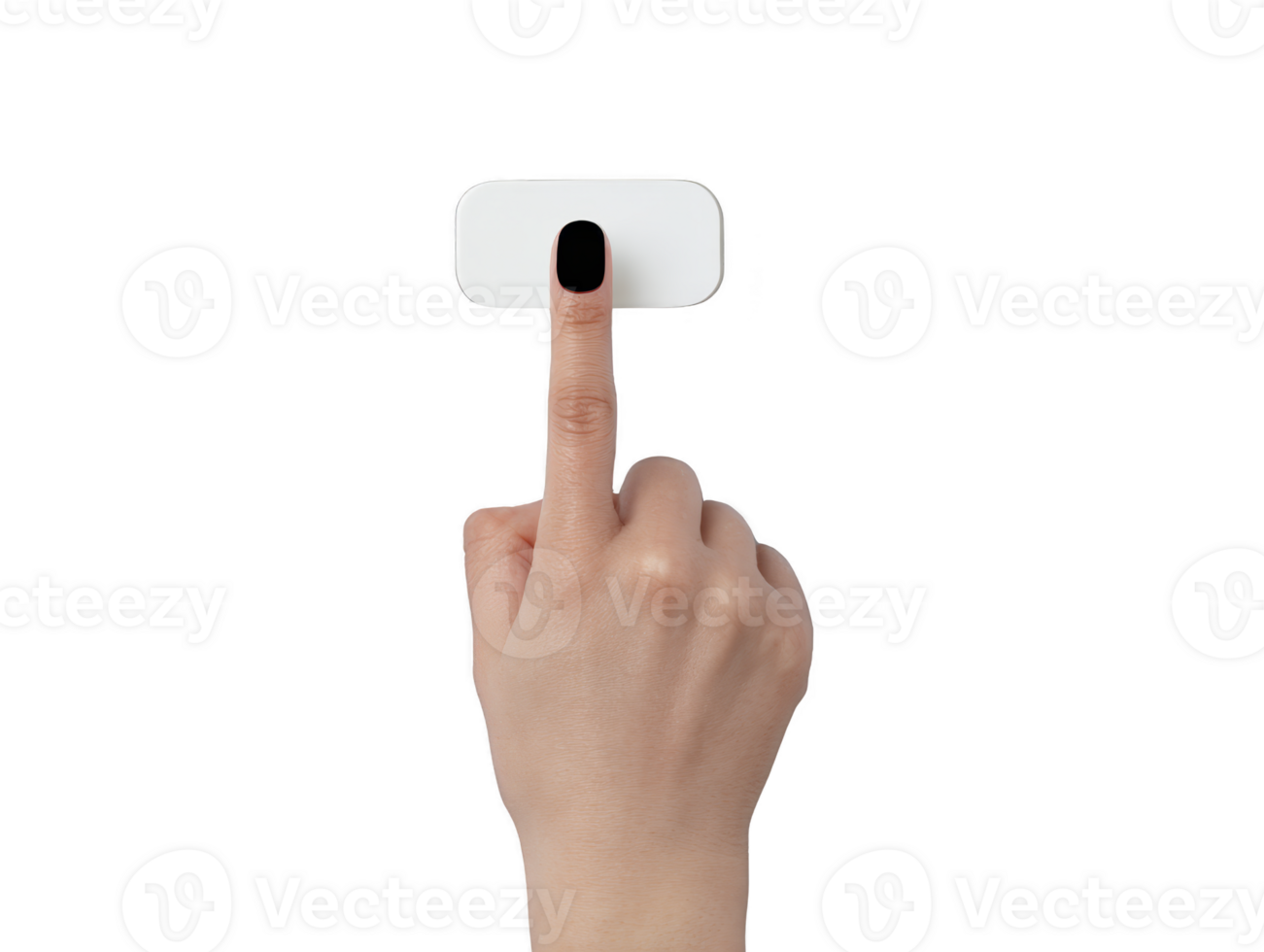 Hand pressing white button, isolated on transparency background, with finger extended and dark nail polish, concept of technology, interaction, and modern interface design png