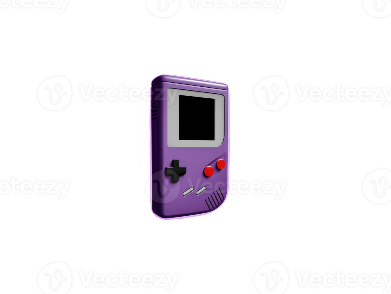Purple handheld game console with retro design, black control pad, red buttons, and blank screen, isolated on transparency background, evokes nostalgia and playful mood png