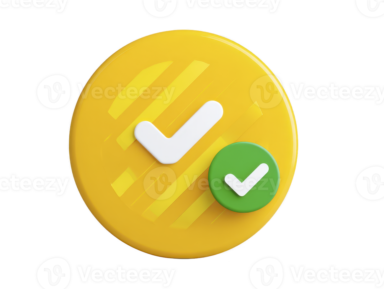 Yellow round icon with white check mark and green circle featuring smaller white check mark, symbolizing approval, success, or completion in modern, minimal style png