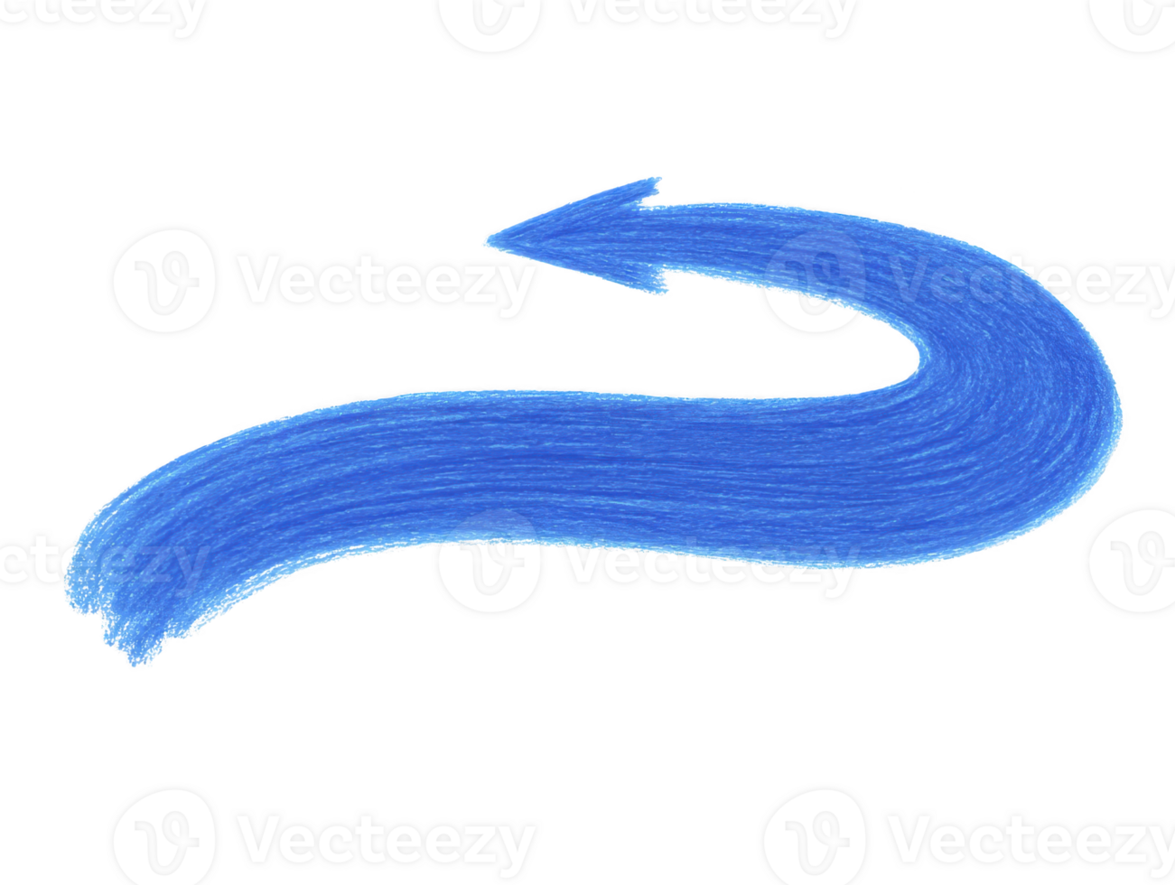 Curved blue arrow with textured brushstroke style, pointing left and upward, isolated on transparent background, symbolizing direction, movement, or navigation png