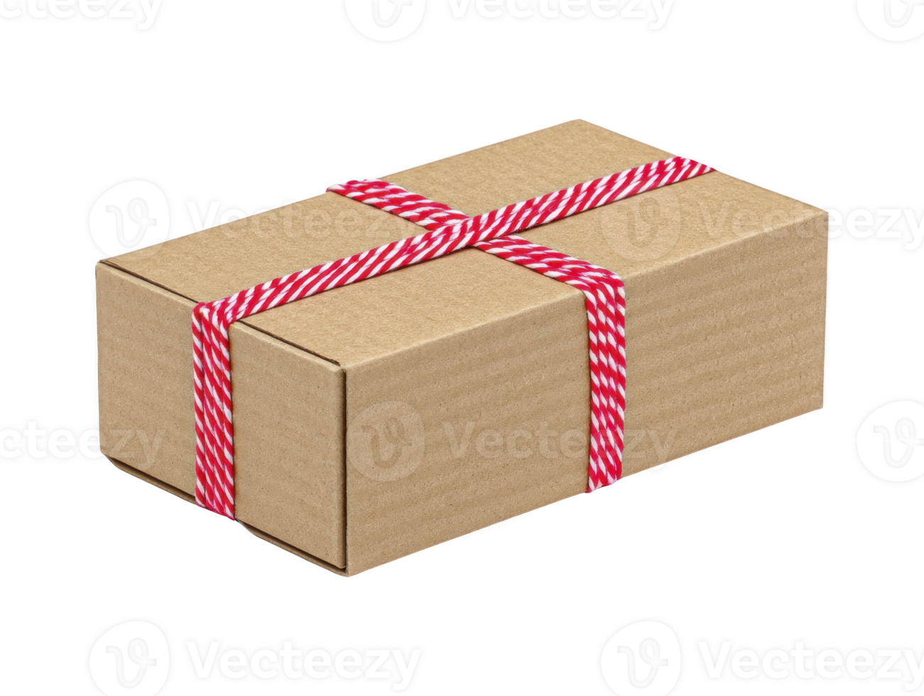 Brown cardboard box with red and white string tied in cross pattern, isolated on transparency background, perfect for gift, shipping, or packaging concepts, simple and festive png
