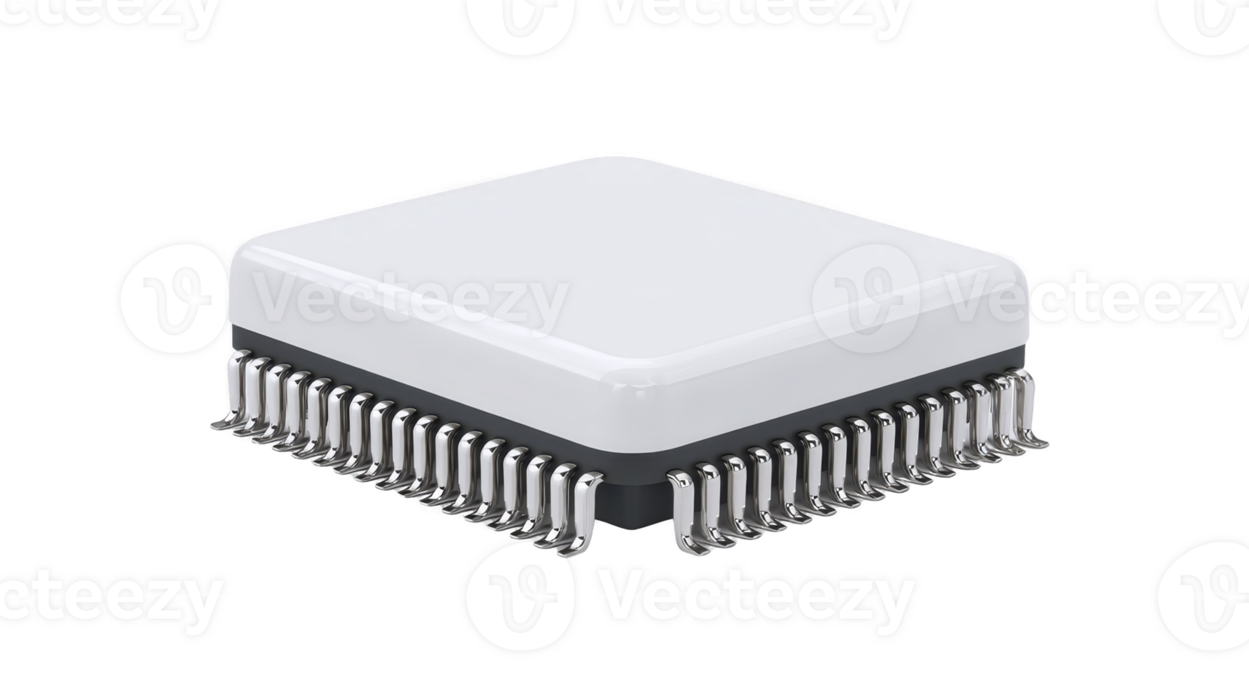 White microchip integrated circuit electronic component square shape isolated on transparent background modern technology hardware close up metallic pins digital device png
