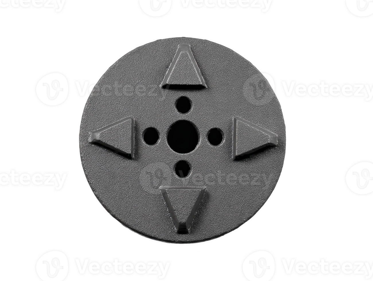 Round black plastic button with four directional arrows and central dots, isolated on transparency background, commonly used for electronic devices or game controllers png