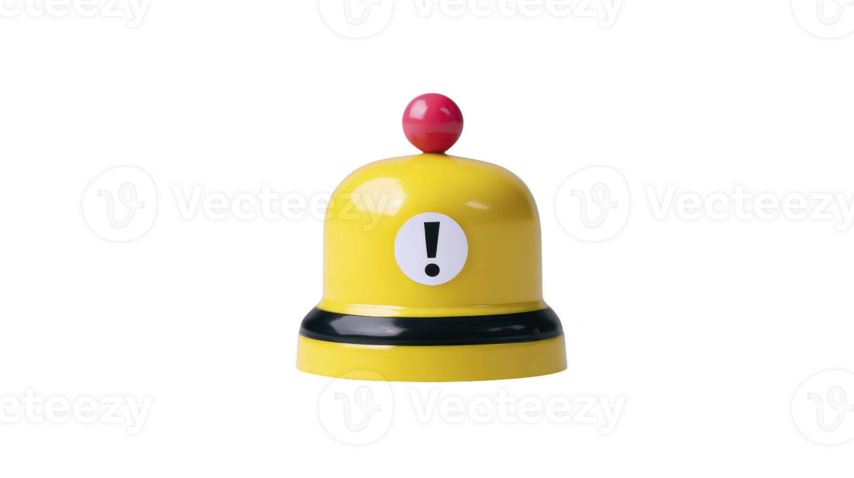 Yellow bell with exclamation mark red button and black stripe isolated on transparency background symbolizing alert warning or notification with playful and cheerful design png