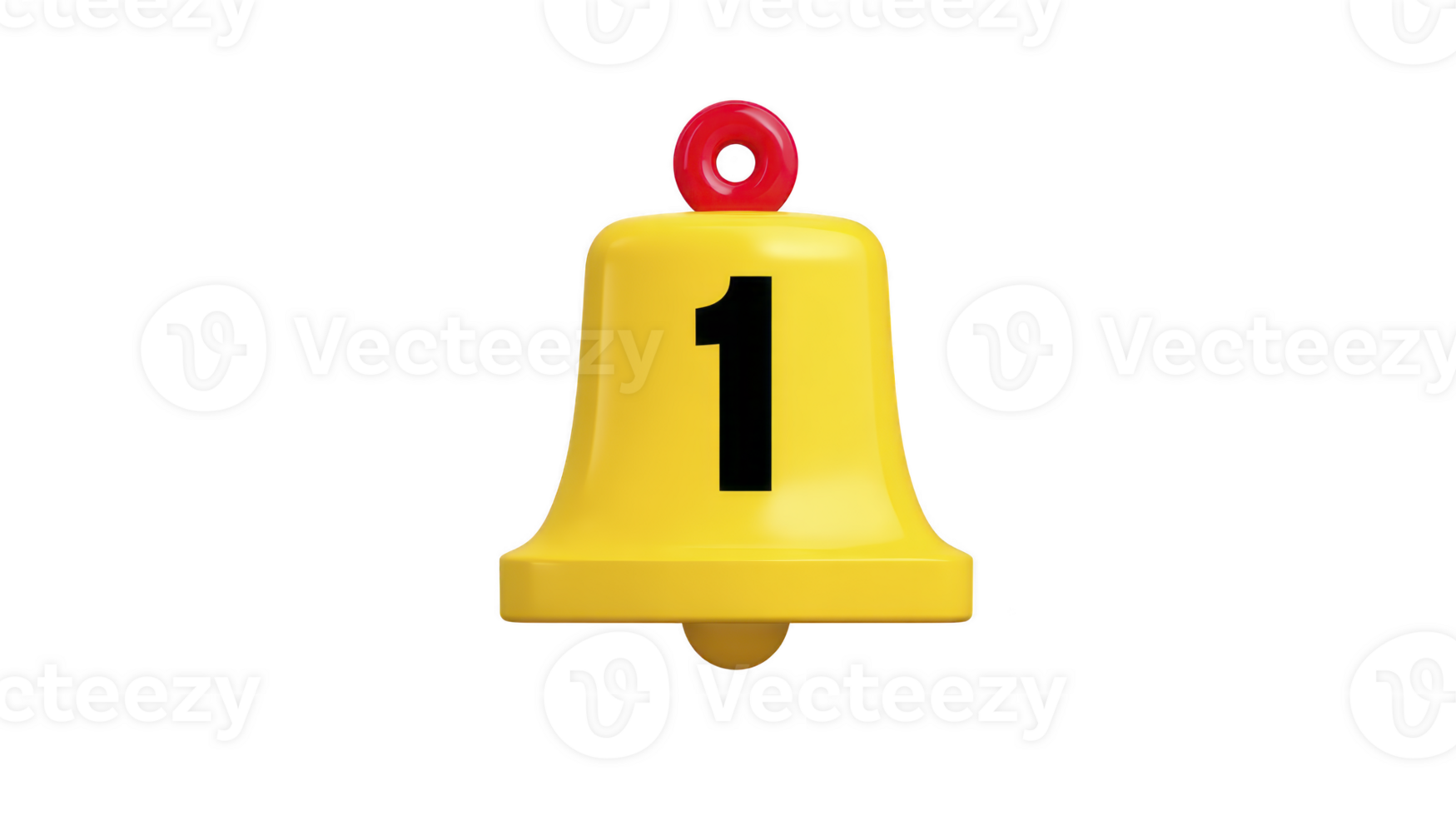 Yellow bell with number one, isolated on transparency background, features red loop on top, symbolizing alert, notification, or first place, with playful and cheerful design png