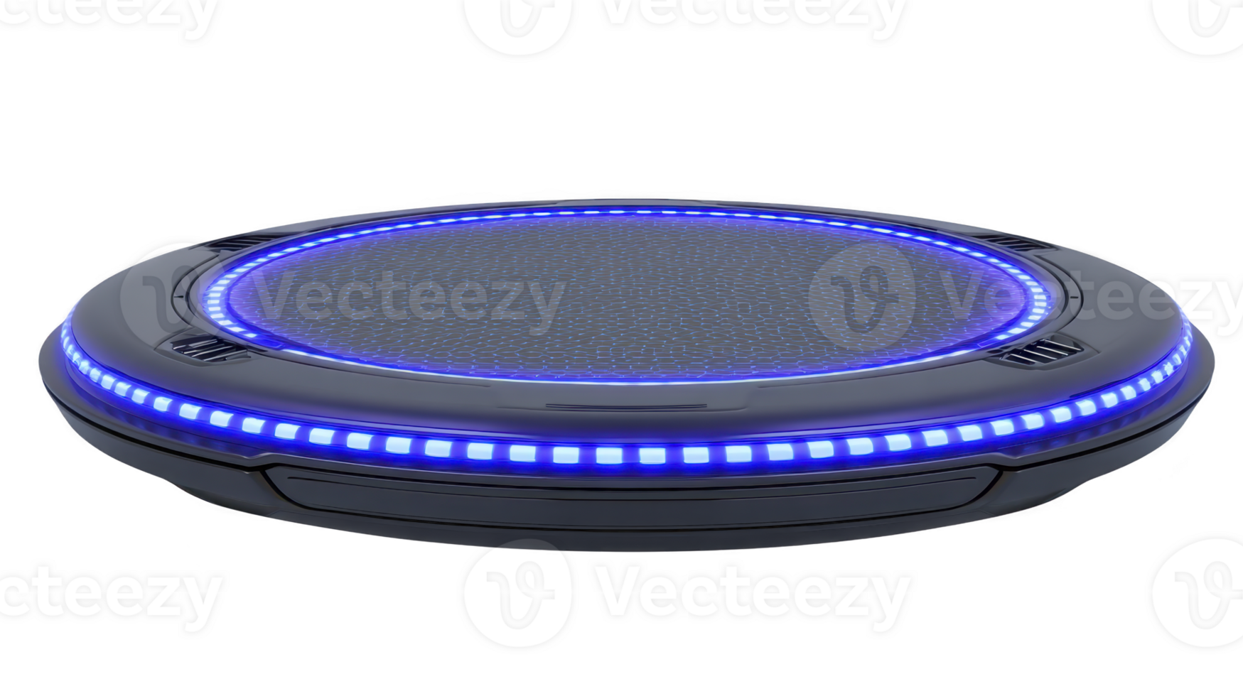 Futuristic round platform with glowing blue LED lights, sci fi technology, digital interface, and sleek black surface, perfect for modern virtual displays or advanced user interfaces png