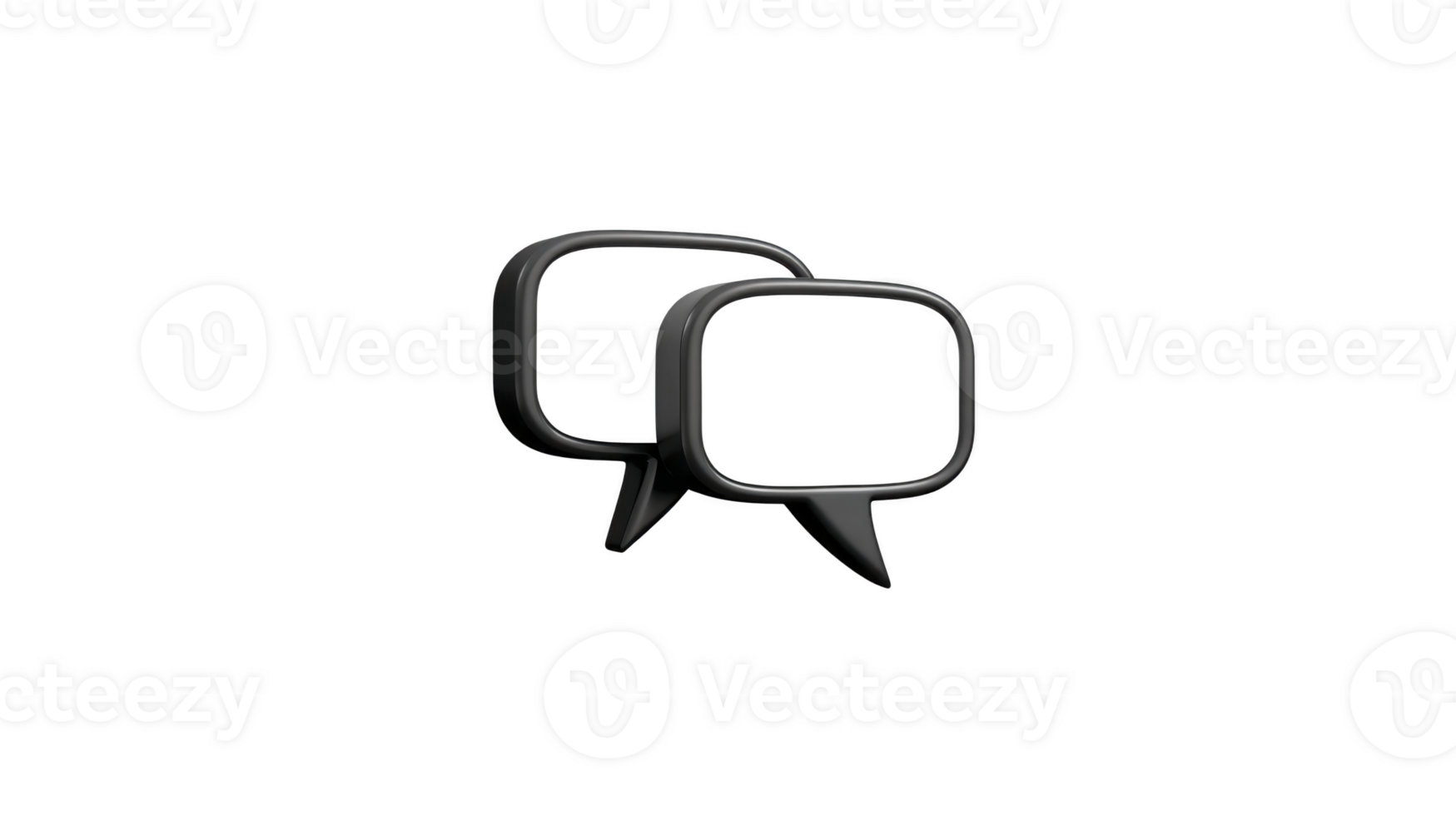 Two black 3D chat bubble icons with rounded square shapes and pointed tails, isolated on transparent background, symbolizing communication, conversation, and digital messaging png