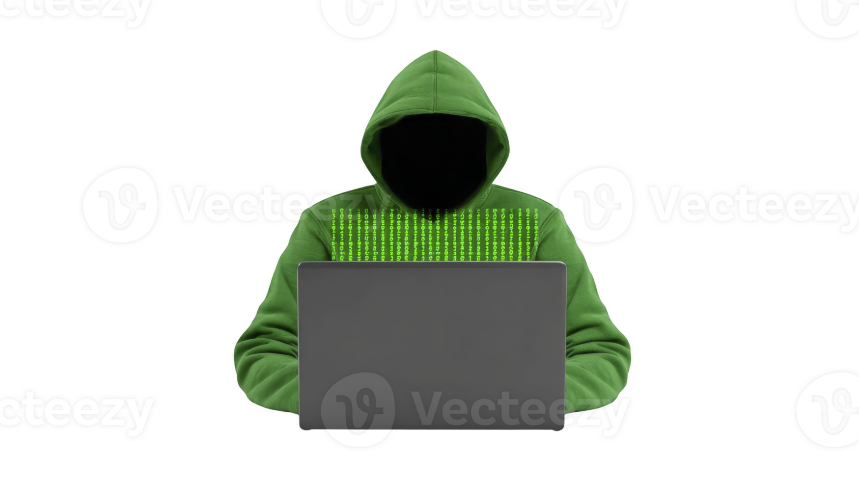 hacker en verde capucha con binario código en cofre utilizando computadora portátil, anónimo ciberdelincuente concepto, aislado en transparencia fondo, digital seguridad amenaza, misterioso y reservado atmósfera png