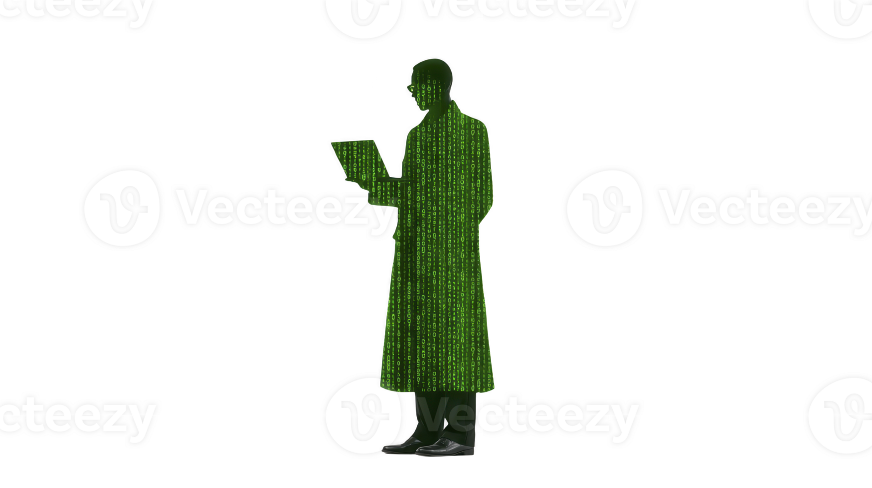 Silhouette hacker digital code, mysterious figure in long coat holding laptop, green matrix pattern, cyber security, technology, data breach, futuristic concept png