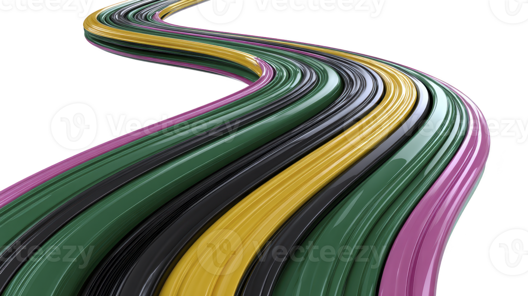 Curved abstract path with glossy purple, green, yellow, and black stripes, creating dynamic, modern, and energetic visual effect on transparency background png