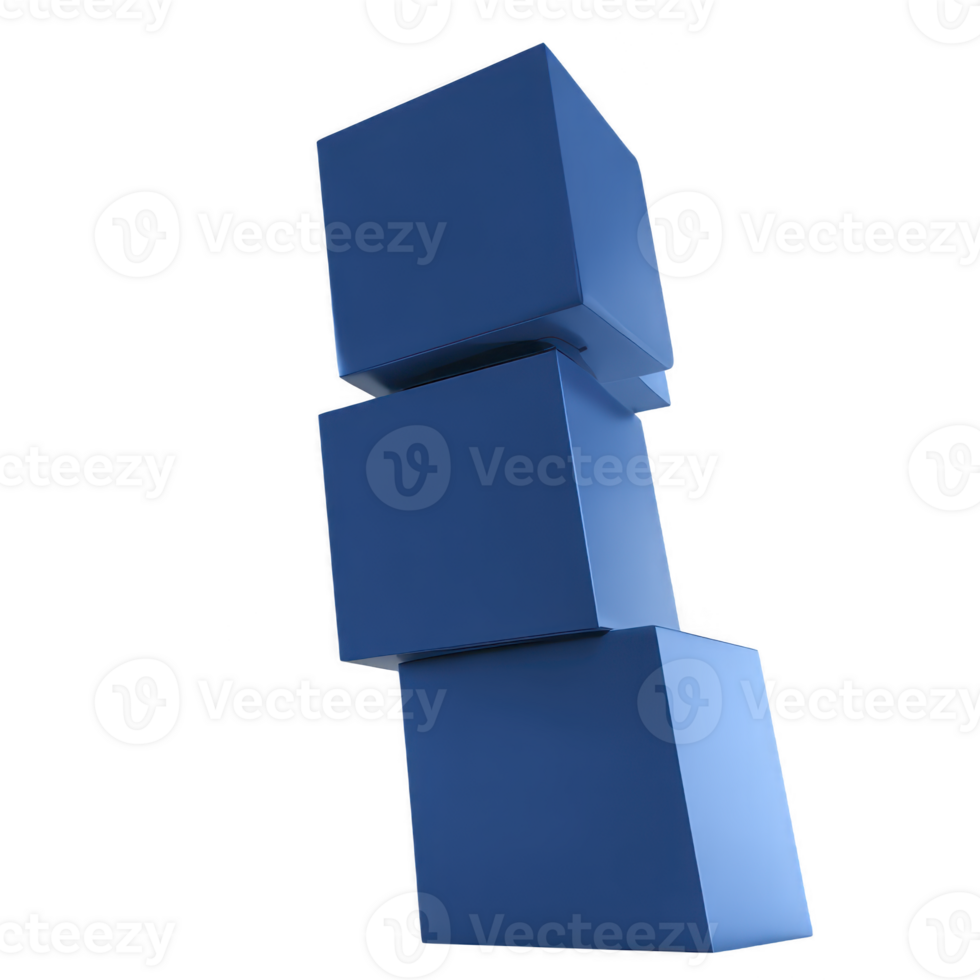 Three blue cubes stacked vertically, modern geometric shapes, minimalistic design, isolated on transparency background, abstract balance concept, clean and simple composition png