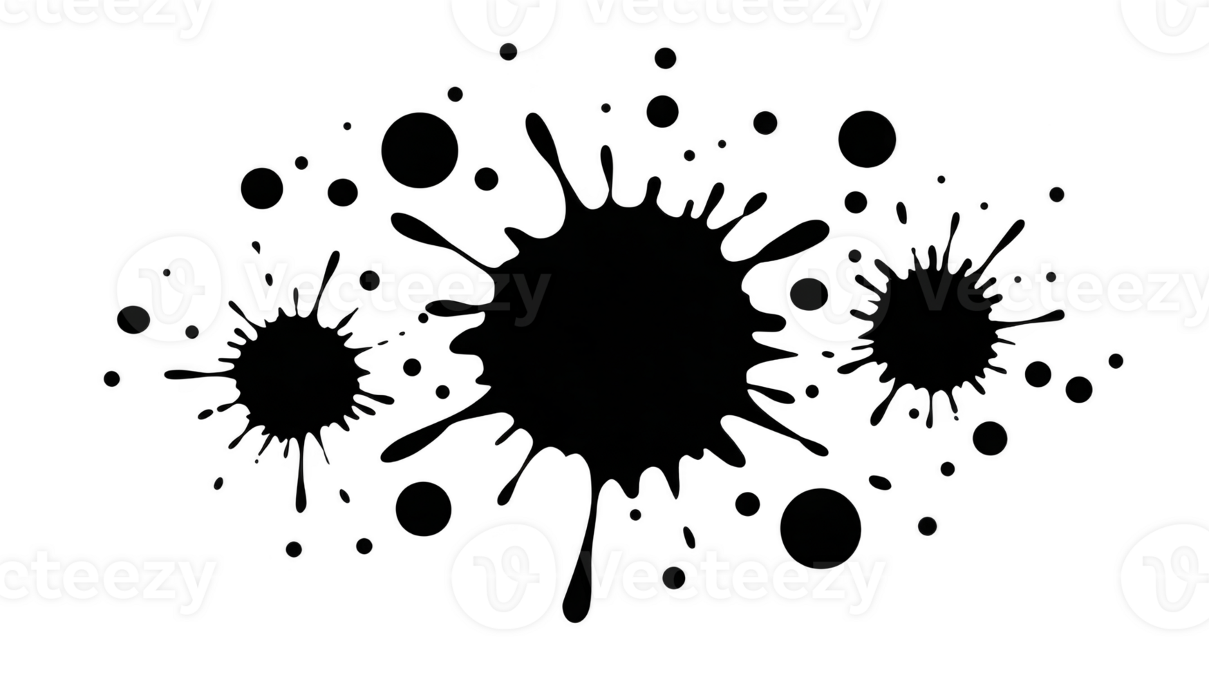 Black ink splatter with various sized droplets on transparent background, abstract grunge design element for creative projects, dynamic and energetic artistic effect png