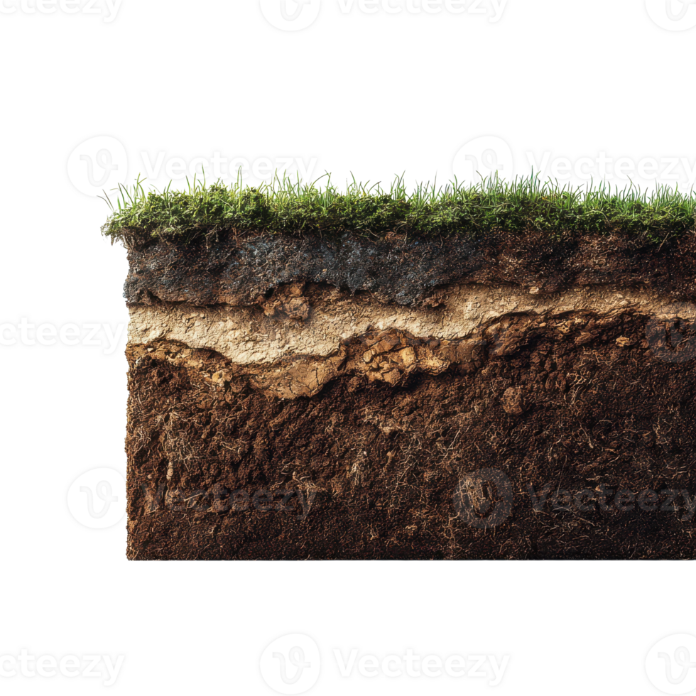 Soil layers are visible with grass on top, illustrating the earth's structure and composition in a natural setting. png