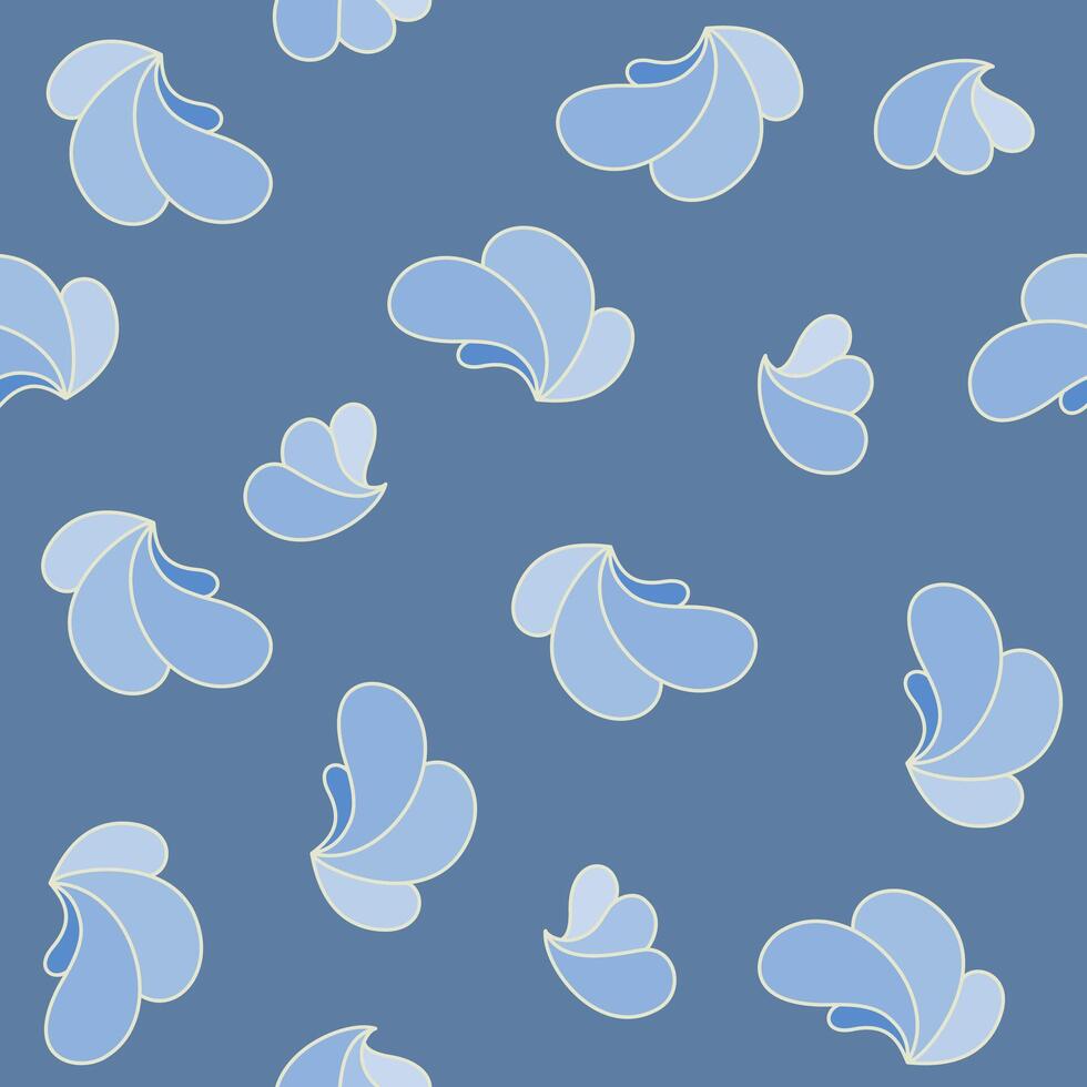 Elegant seamless pattern featuring soft blue abstract petals floating on navy background. Minimal hand drawn design evokes serenity and modern sophistication for textiles, wallpaper, wrapping paper vector