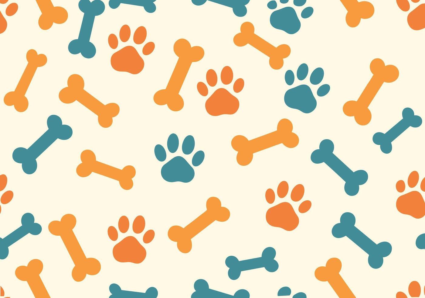 Seamless pattern featuring playful dog paw prints and bone shapes in teal and orange hues on a cream background, ideal for pet-themed designs. vector
