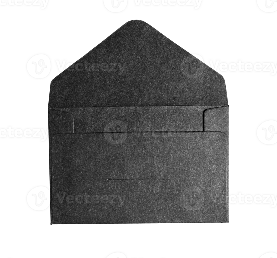 Open empty black textured craft paper envelope mock up a isolated transparent background, for communication your ready message png