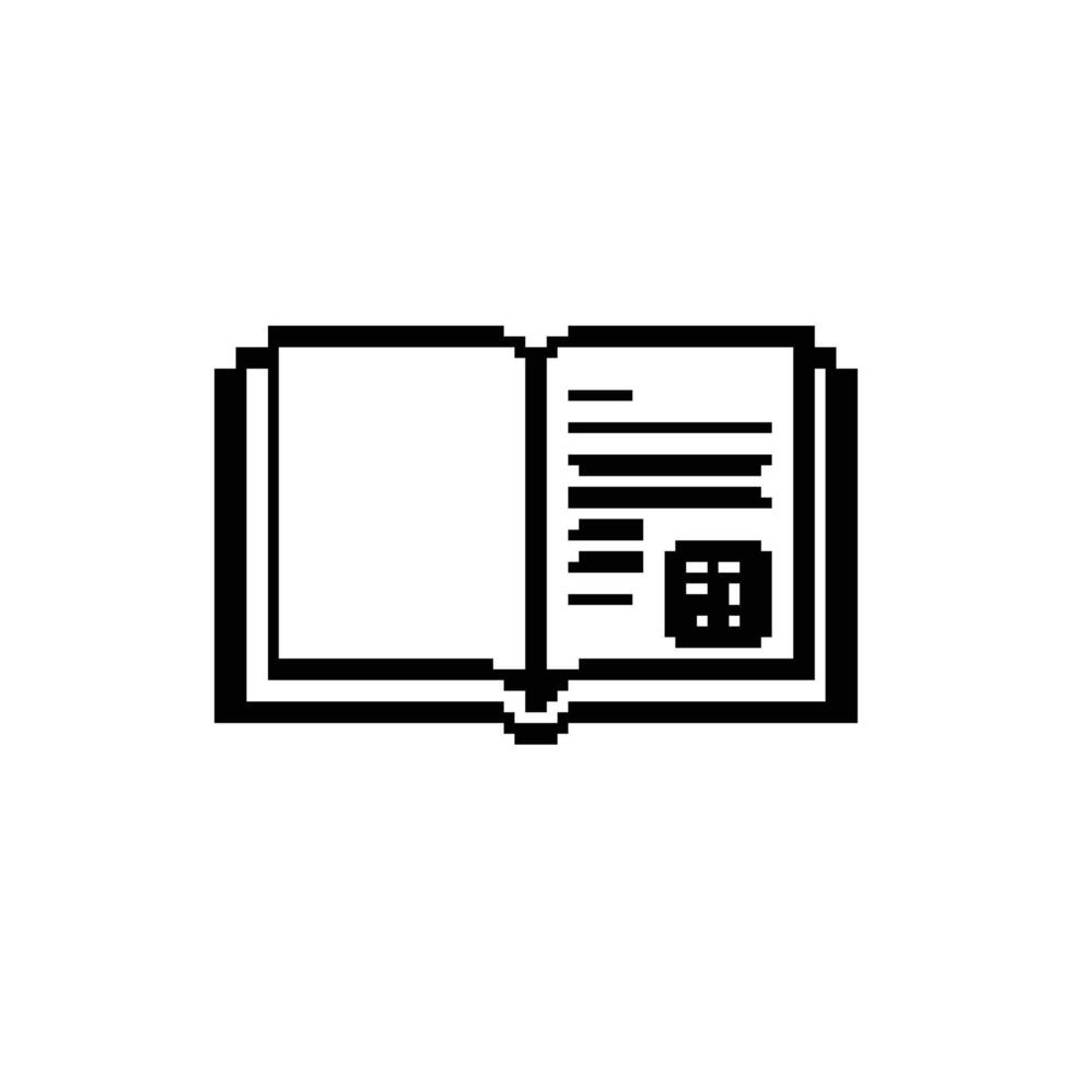 Pixelated open book illustration displays knowledge with pages having text representing learning. vector