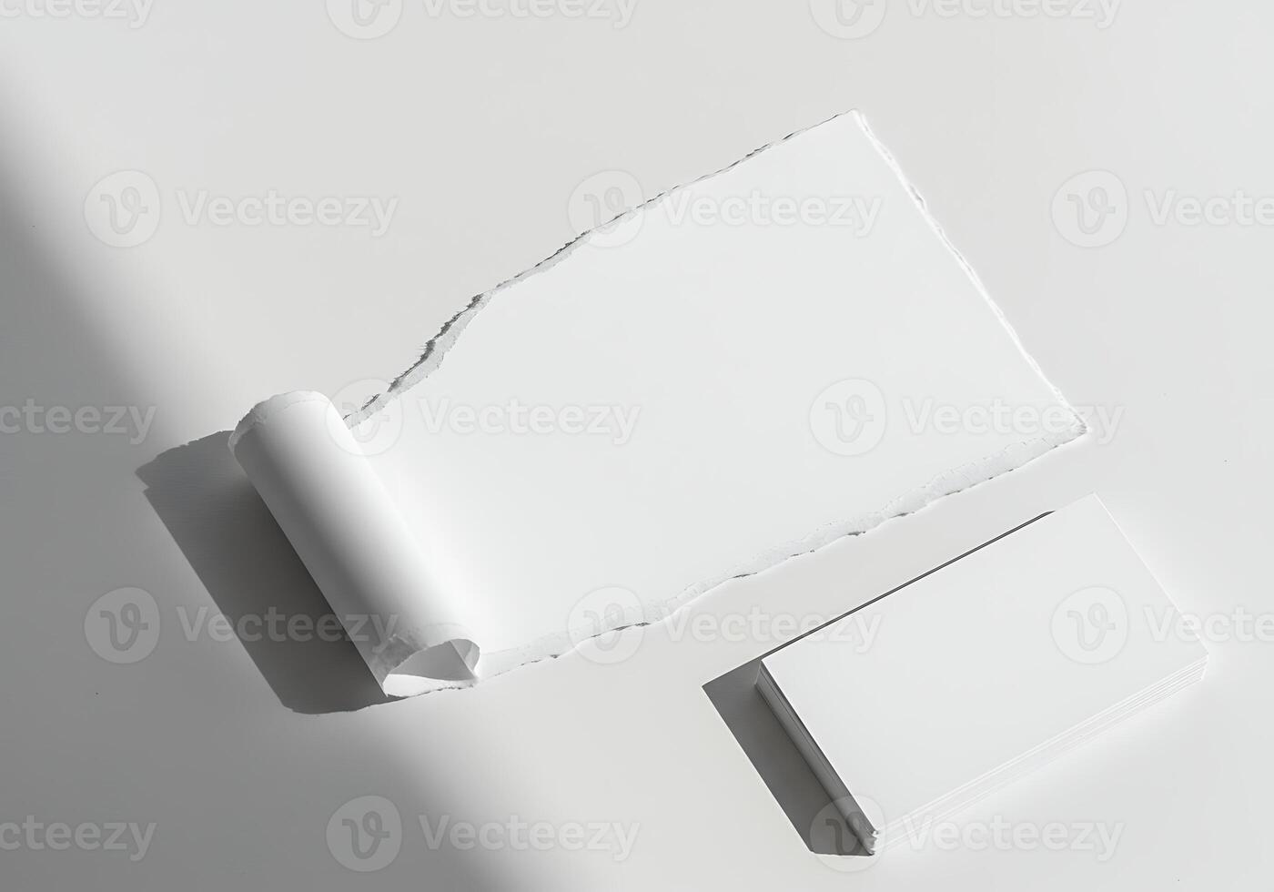 Elegant white paper composition with a textured torn edge and blank card stack for a clean design template mock-up photo