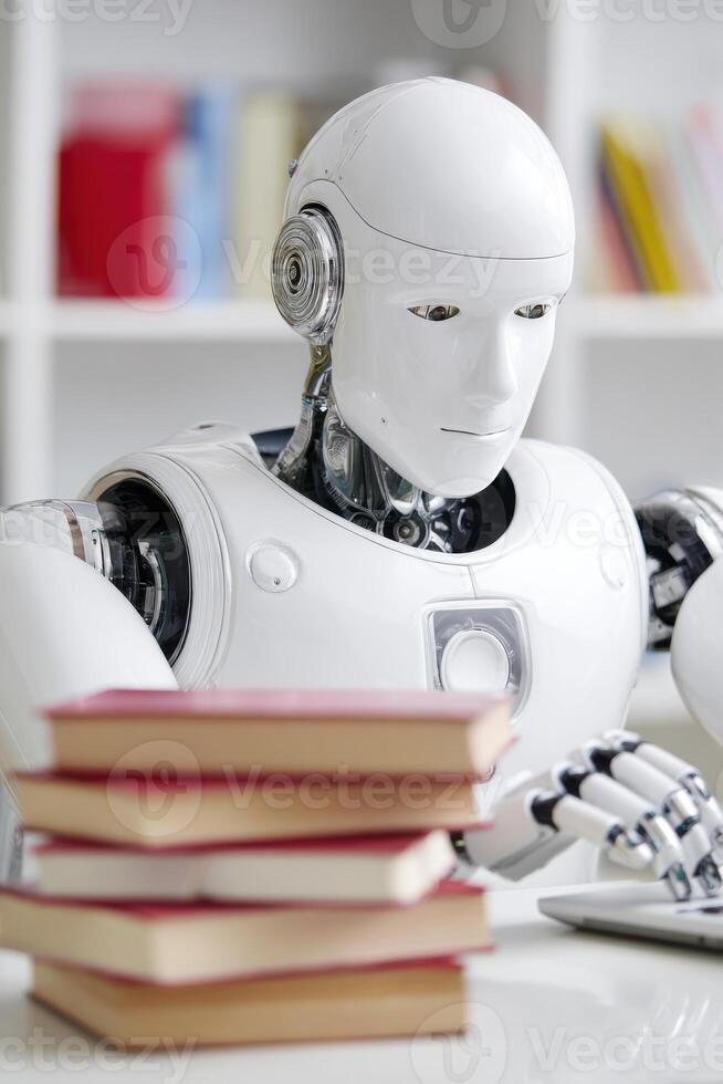 Humanoid robot with sleek design is organizing books on a table, surrounded by a bright and modern library, showcasing the intersection of technology and education photo