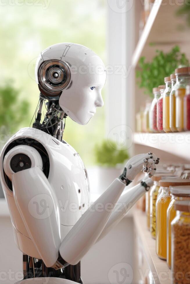 Humanoid robot organizing jars on a shelf in a bright kitchen, showcasing advanced technology and minimalistic design with a focus on efficiency and orderliness photo