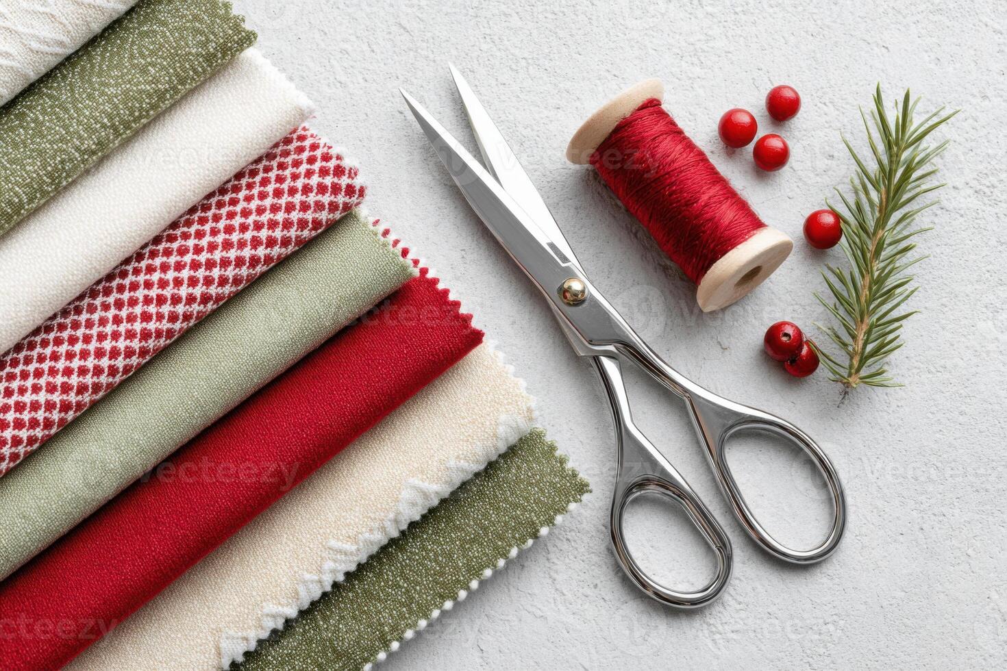 Colorful patchwork fabrics in red, green, and cream arranged neatly with scissors and thread, showcasing a creative sewing setup with copy space for design photo