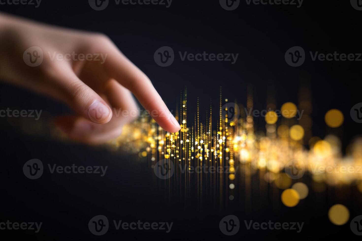 Hand reaching towards glowing digital interface with indigo hues, showcasing interaction with abstract data visualization and vibrant light patterns, emphasizing technology and innovation photo