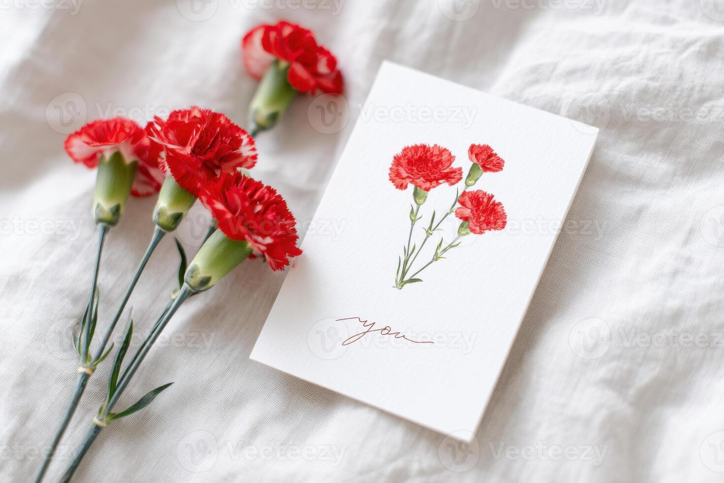 Elegant white card featuring delicate cursive writing alongside vibrant red carnations on soft fabric, creating a serene and inviting atmosphere with copy space photo