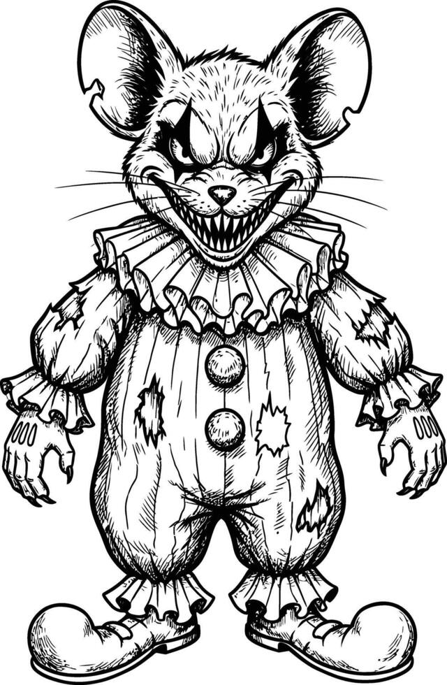Sinister mouse character dressed in a tattered clown costume with sharp teeth and a menacing grin vector