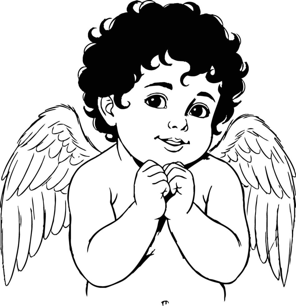 Sweet curly haired cherub with wings and clasped hands looking forward in a simple outline drawing vector