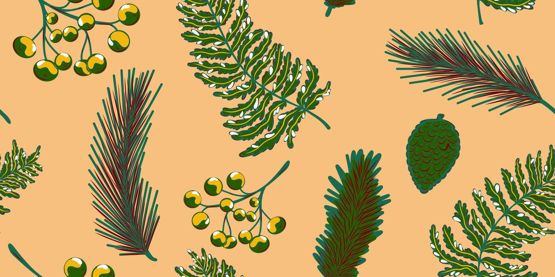 a pattern of pine trees and berries on a beige background vector