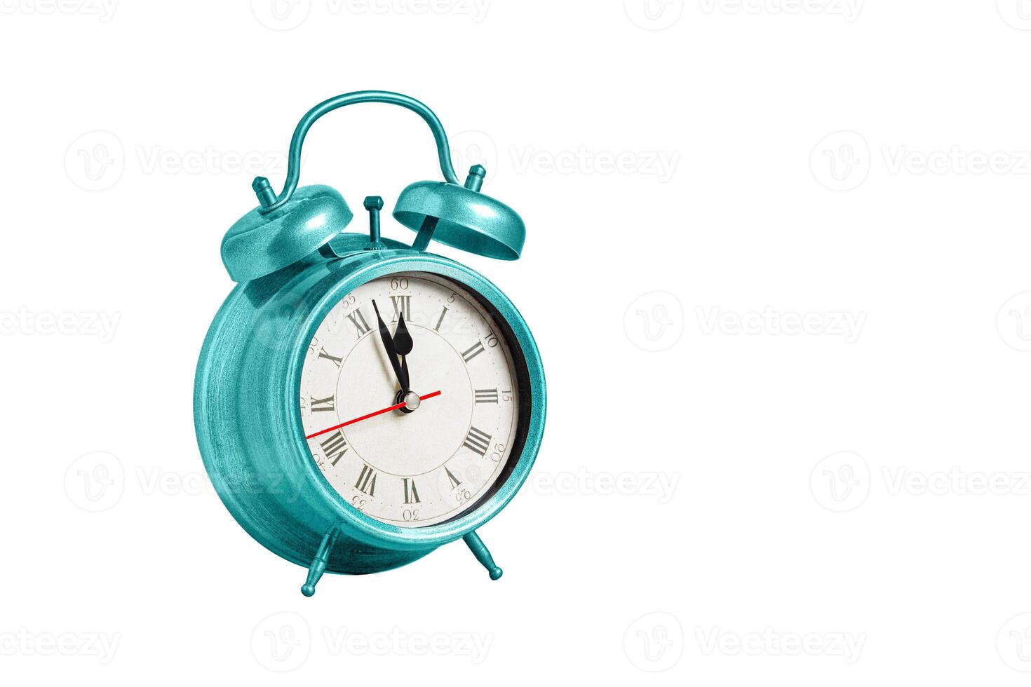 retro clock, pointer clock, blue color alarm clock on isolated white background photo