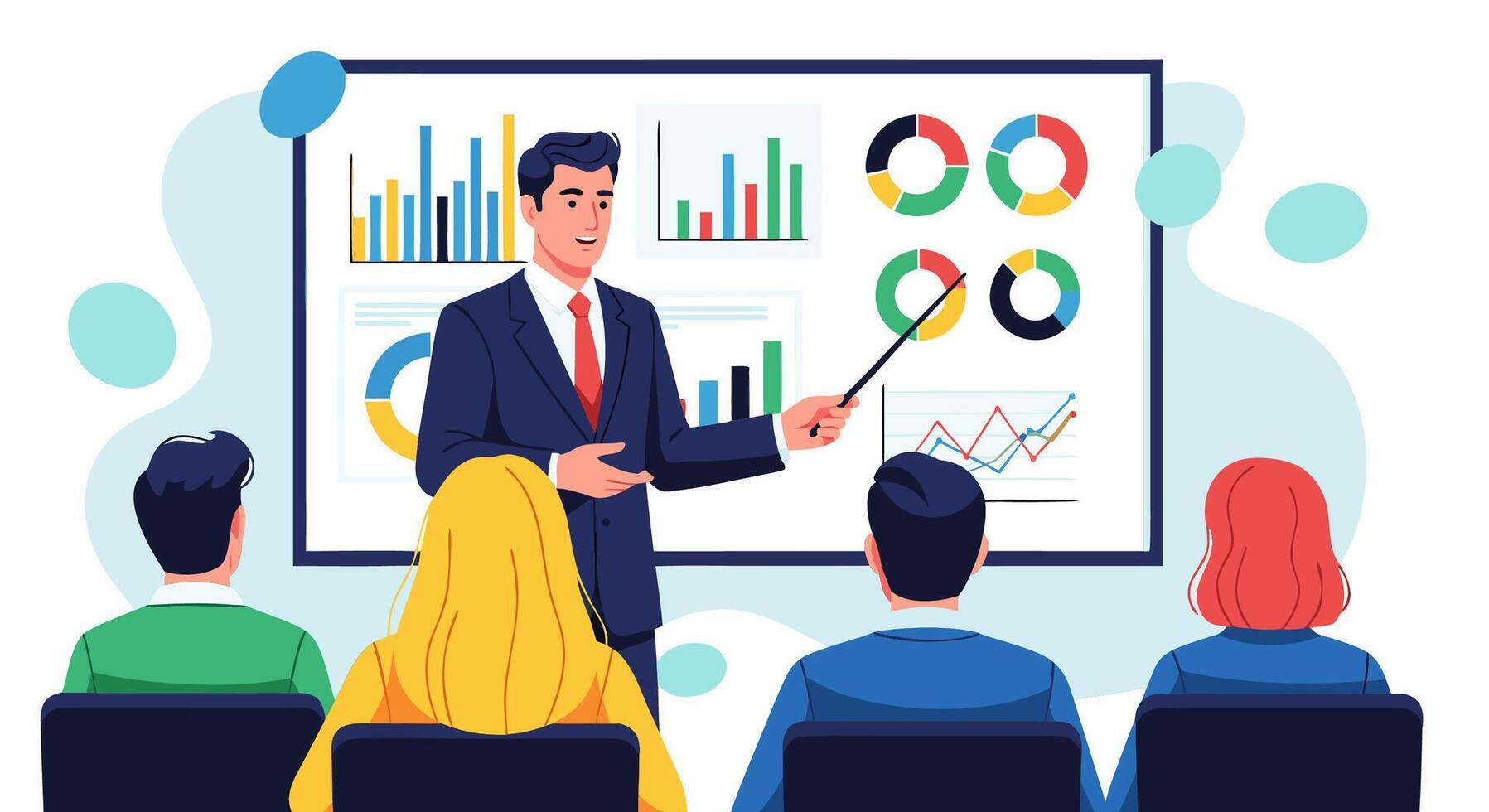 Business presentation with a male speaker pointing to a board with charts and graphs, teamwork vector