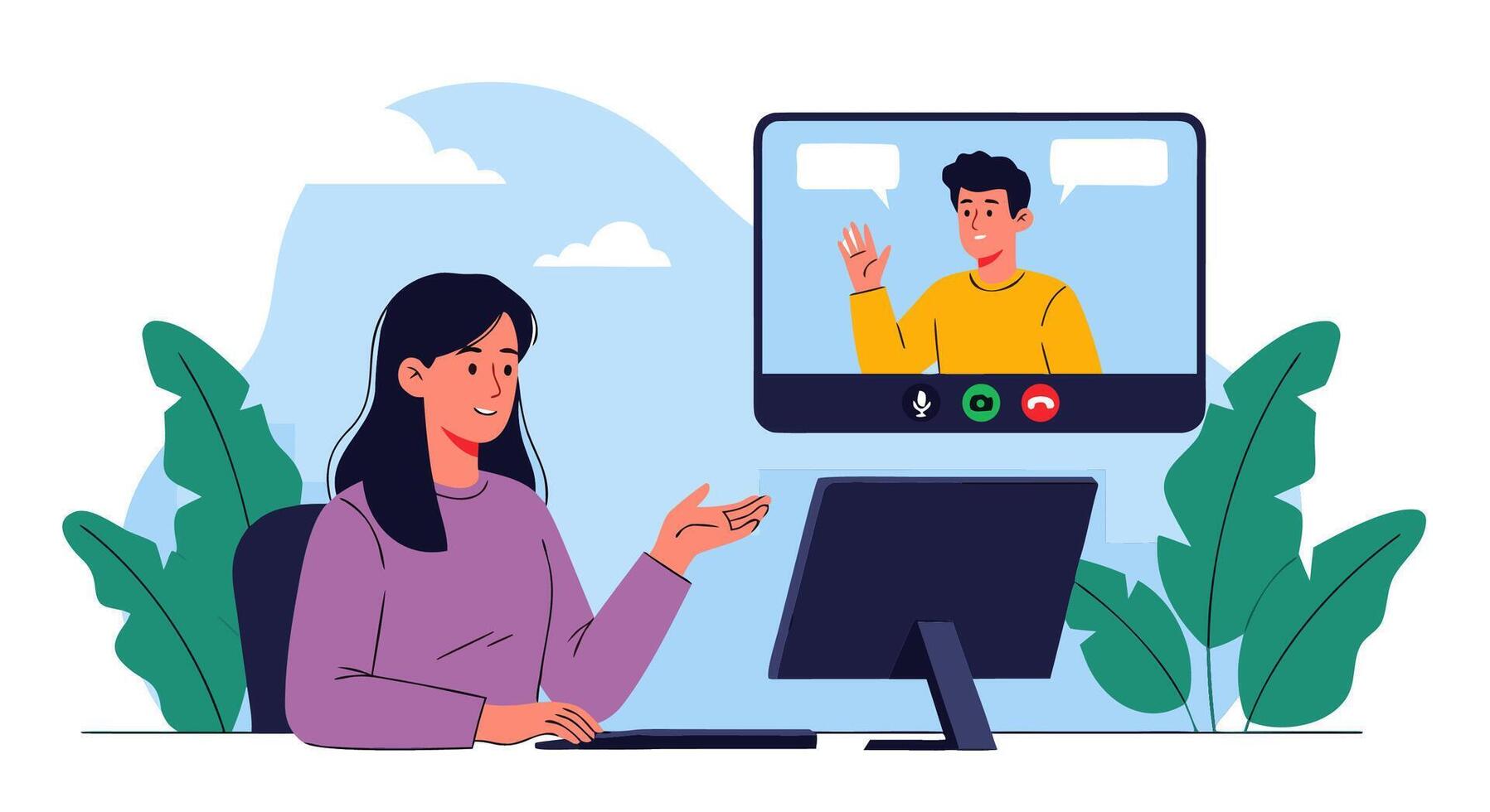 Woman using desktop for an online call, communicating with a colleague, depicting remote collaboration and modern virtual interaction vector