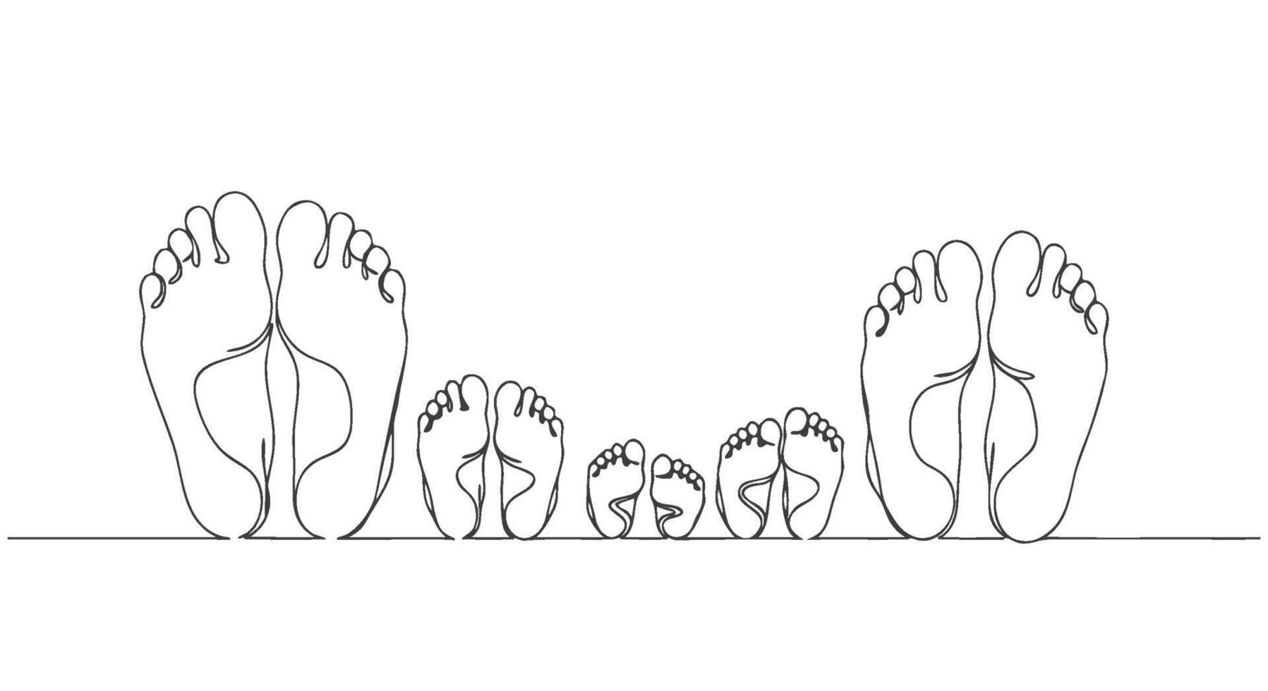 A heartwarming and artistic continuous line drawing illustrating a diverse family's feet, symbolizing growth, unity, and enduring connection vector