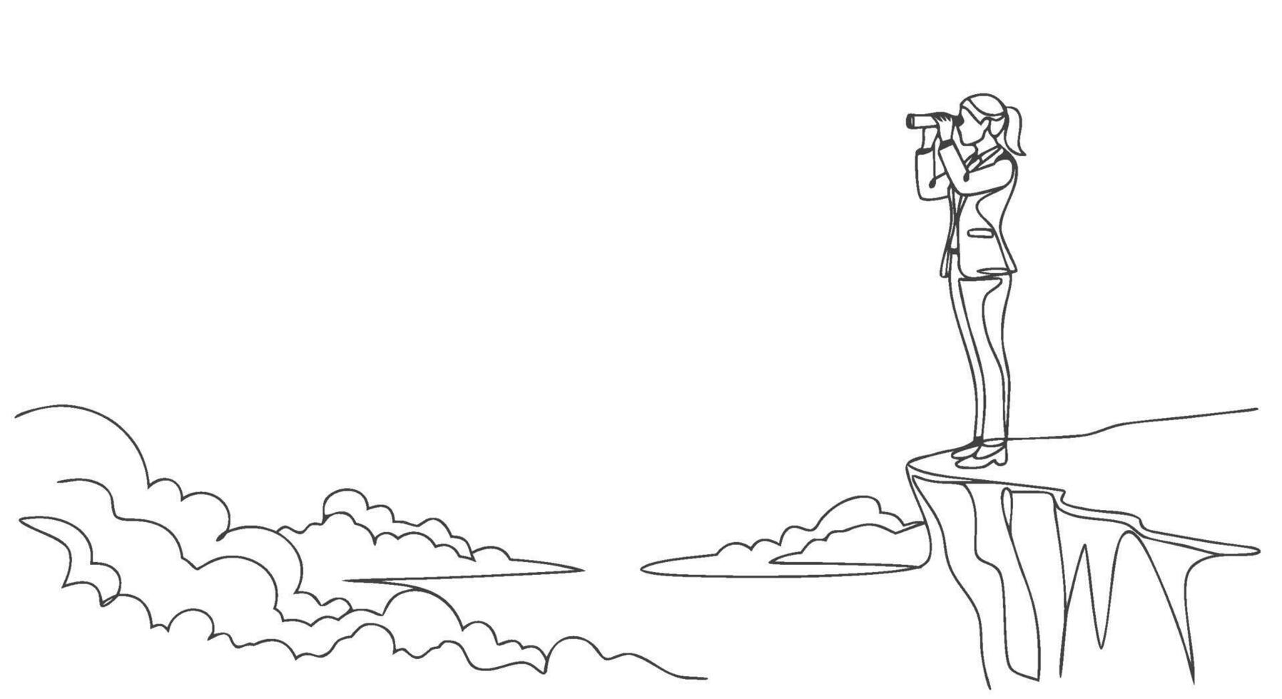 One continuous line drawing of a businesswoman standing on a cliff edge, using binoculars to visualize future opportunities and success vector