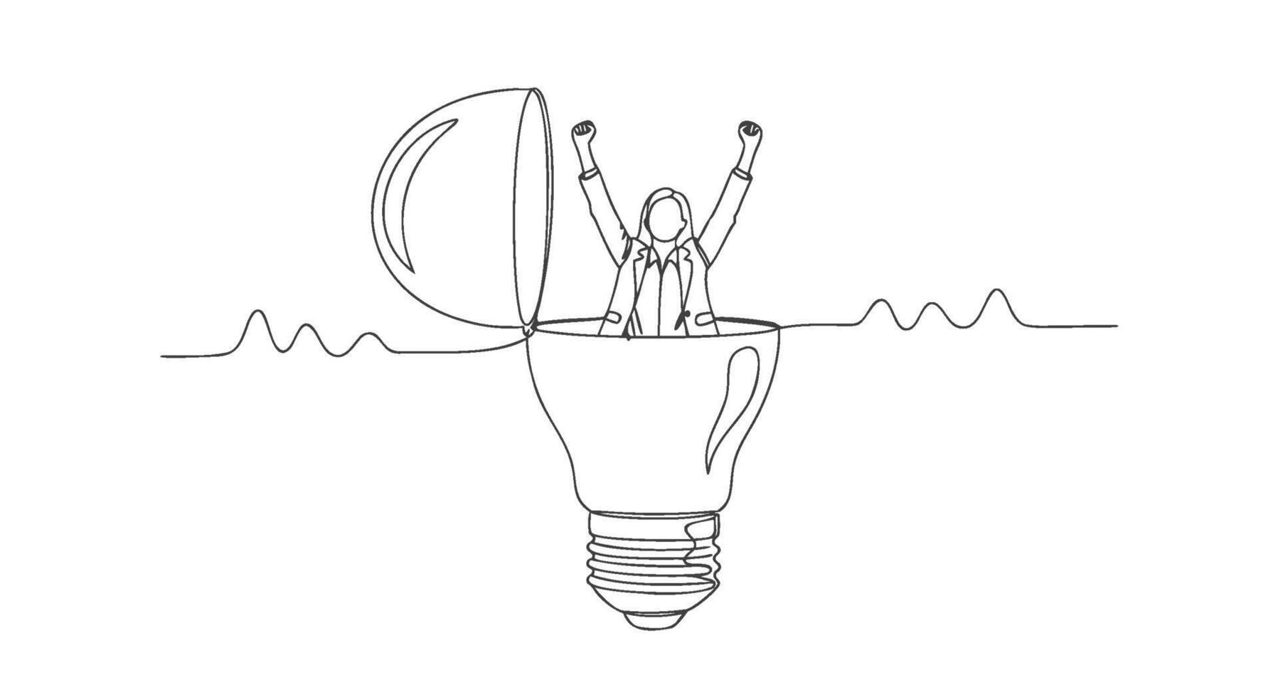 Elegant continuous line art illustrating a triumphant individual bursting from an open lightbulb, symbolizing a successful innovative idea and creative solution vector